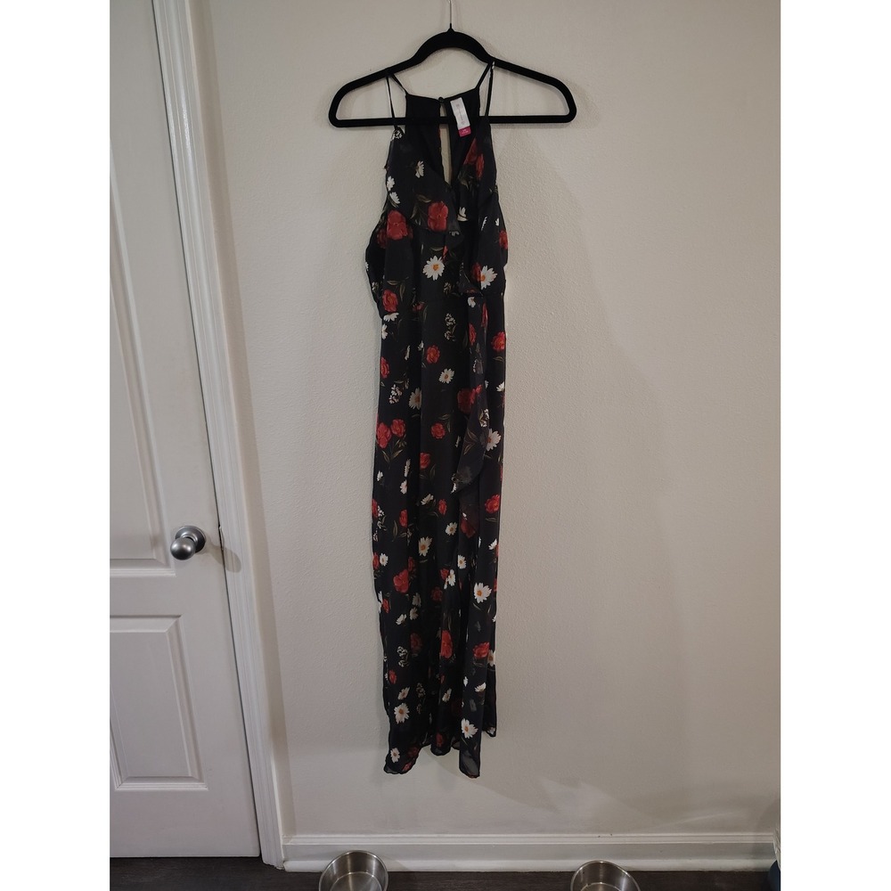 No Boundaries Womens Floral Halter Maxi Dress Black Red Rose White Daisy L 11-13
